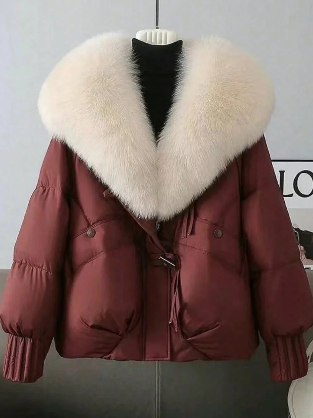 Burgundy Casual Women's Short Loose Thick Cotton-Padded Jacket